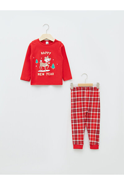 LC Waikiki Crew Neck Long Sleeve New Year Themed Baby Girl Pyjama Set