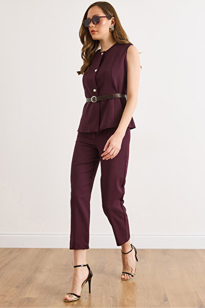 Olalook Γυναικείο Σετ Παντελόνι με Ζώνη και Γιλέκο σε Χρώμα Δαμασκηνί TKM-190...