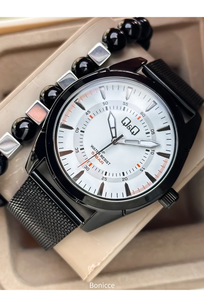 Q&Q Men's Wristwatch, in a Stylish Box, Black Color Steel Band, 5 Atm Water R...
