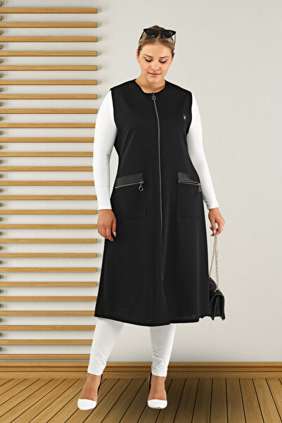 Ferace Γυναικείο Μαύρο Δερμάτινο Μακρύ Γιλέκο Τεσεττούρ με Τσέπες σε Μεγάλο Μ...