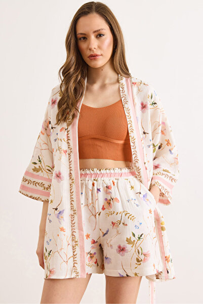 Olalook Γυναικείο κιμονό μουσελίνας με εκρού σχέδιο KMN-00000073