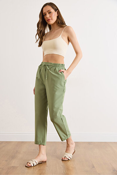 Olalook Women's Khaki Elastic Waist Woven Trousers with Pockets Pnt-19000406