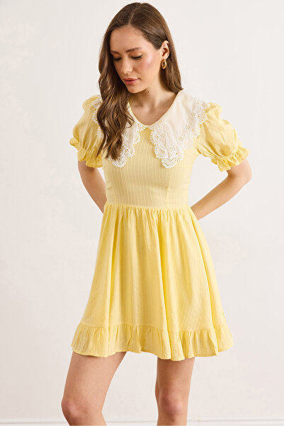 Olalook Γυναικείο κίτρινο μίνι φόρεμα με γιακά μωρού ELB-19002508