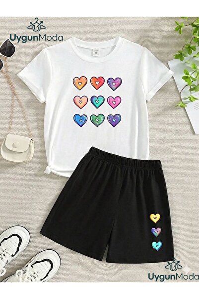 UygunModa Small9 Heart Printed T-Shirt Shorts Summer Children's Set