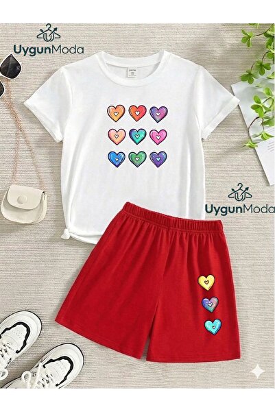 UygunModa Nine Small Heart Printed T-Shirt Shorts Summer Children's Set