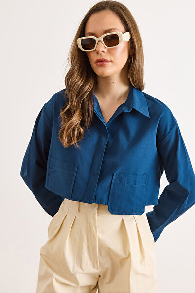 Olalook Γυναικείο υφαντό πουκάμισο σε μπλε ναυτικό χρώμα με λεπτομέρεια τσέπη...