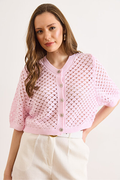 Olalook Γυναικεία ροζ διάτρητη ζακέτα με σχέδιο μπακλαβά, εποχιακή HRK-19000495