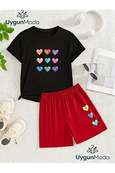 UygunModa Nine Small Heart Printed T-Shirt Shorts Summer Children's Set