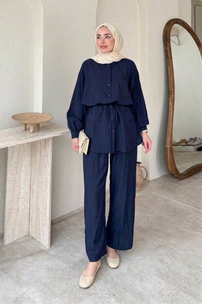 Tesettür Diyarı Καλοκαιρινό Σετ Τσέτετουρ Renha - Ναυτικό Μπλε