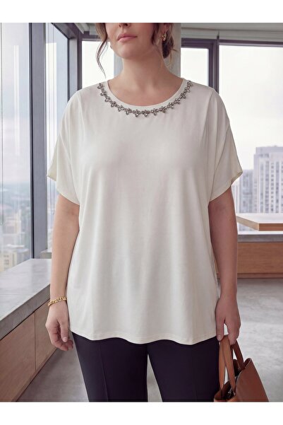 RMG Yaka Stone-Embellished Large Size T-Shirt Ecru