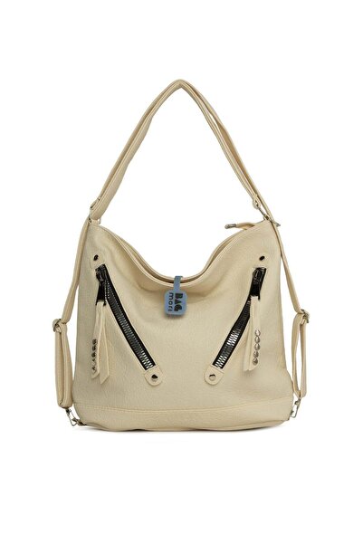 Bagmori Κρεμ γυναικεία τσάντα με απαλή υφή, διπλό φερμουάρ, λουράκια και θήκη...