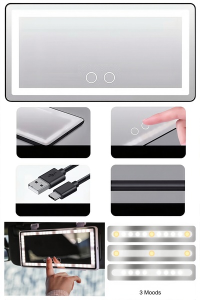 Unbranded/Generic مرآة مكياج للسيارة قابلة لإعادة الشحن مع إضاءة LED وثلاثة أ...