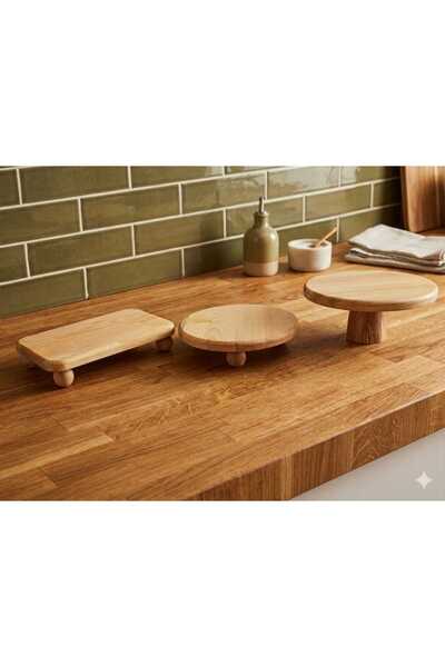 Demwood 3 lü Natural Vernikli Ahşap Sunum Seti Çeyizlik Pasta Standı