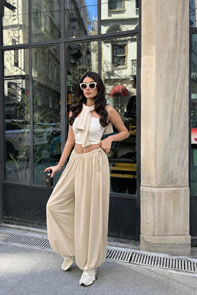 BEYUSİRA Kadın Oversize Şalvar Pantolon Beli Lastikli Yüksek Bel Bol Paça Rahat