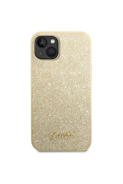 Guess Husa Glitter TPU Flakes Script Metal Logo iPhone 14 Auriu