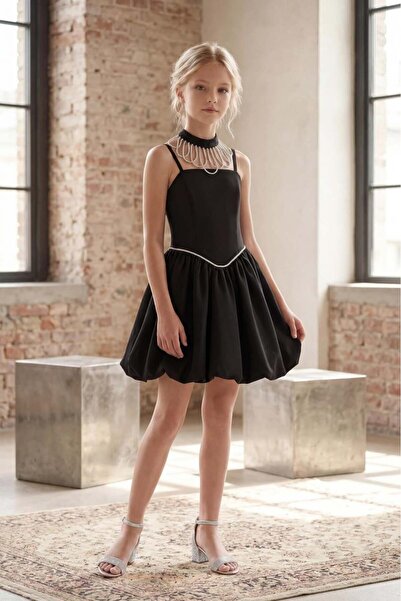 BUTİKHAPPYKİDS Βραδινό φόρεμα για κορίτσια, μαύρο, με λεπτομέρεια στο λαιμό α...