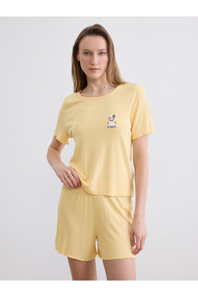 LC Waikiki Set de pijamale scurte de damă cu guler rotund brodat