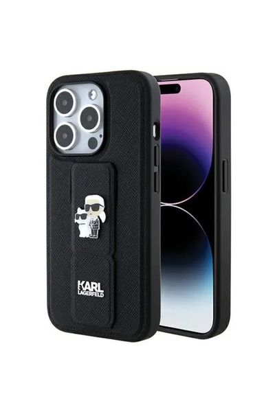 Karl Lagerfeld Gripstand Saffiano Karl&amp;Choupette Pins case for iPhone 15 ...