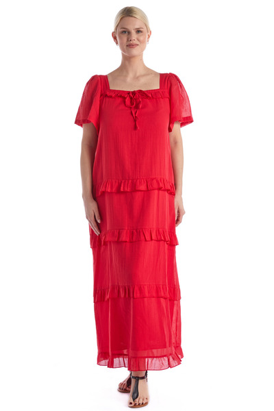 Newbutix Short Sleeve Voile Coral Square Neck Long Summer Dress