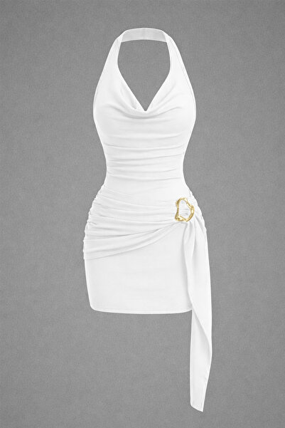 World Fashion Trends EKRU Γυναικείο Μίνι Φόρεμα DEGAJE HALTER με Λεπτομέρεια ...