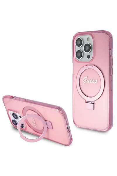 Guess Ring Stand Script Glitter MagSafe pentru iPhone 15 Pro Max – roz