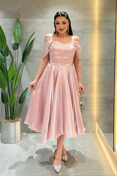 giyimmasalı Φόρεμα Μίντι από Ύφασμα Οργάντζα με Ανοιχτούς Ώμους - ΠΟΥΔΡΑ