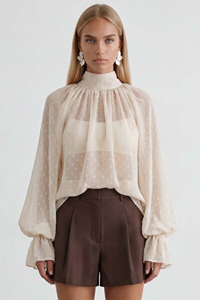 Trend Alaçatı Stili Μπεζ μπλούζα σιφόν με ψηλό γιακά και κόψιμο σε στυλ πριγκ...