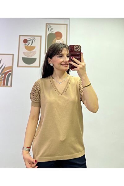 bydenizcollection V-Neck Knitted Sweater with Knitted Sleeves