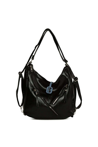 Bagmori Μαύρο γυναικείο σακίδιο πλάτης με διπλό φερμουάρ και λουράκια M000008734