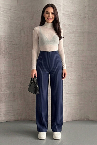 Thiff Γυναικείο παντελόνι Palazzo από ύφασμα κρεπ με ρίγες