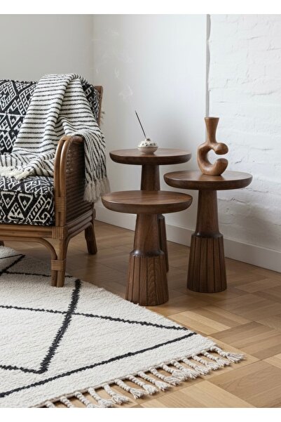 ASELYA HOME Ahşap 3’lü Set Minimal Yan Sehpa Modern Fiskos Zigon