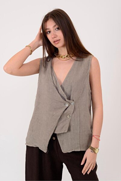 Park Moda 12169 Asimetrik Kesim Sıfır Kol Keten Düğmeli Bluz