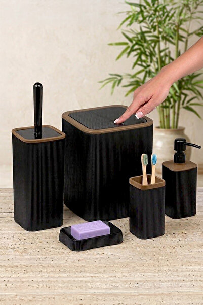 Kitchen Life Mina Black Striped Square 5-Piece Bathroom Set