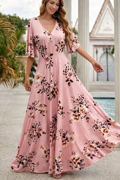 Modayakamoz Γυναικείο κοντομάνικο φόρεμα με μοτίβο με λαιμόκοψη V