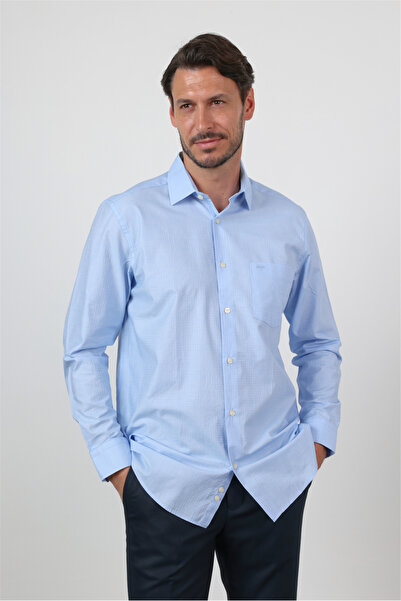 İmza Синя риза с твърда яка, дълъг ръкав, джоб, удобна кройка, 100% памук 100...