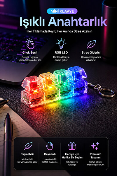 DİVAYS Işıklı Mini Klavye Anahtarlık RGB LED Fidget Stres Giderici Click Oyuncak