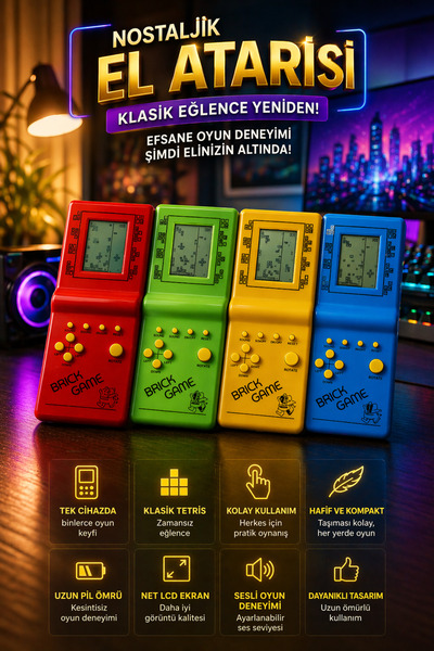 DİVAYS Nostaljik El Atarisi Tetris Oyunu 9999 in 1 Retro Brick Game Eğlence K...