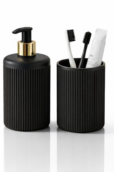 grimorlife 2 Li Premium Black Gold Liquid Soap Dispenser Toothbrush Holder Set – Bathroom & Kitchen Compatible 400 ml