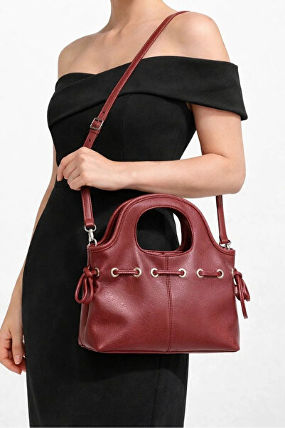 Melos Butik Burgundy Drawstring Detail D Leather Hand and Shoulder Bag Bag