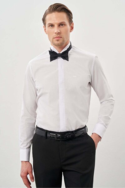 İmza Λευκό μακρυμάνικο απλό βαμβακερό πουκάμισο σε στενή γραμμή 1004260060