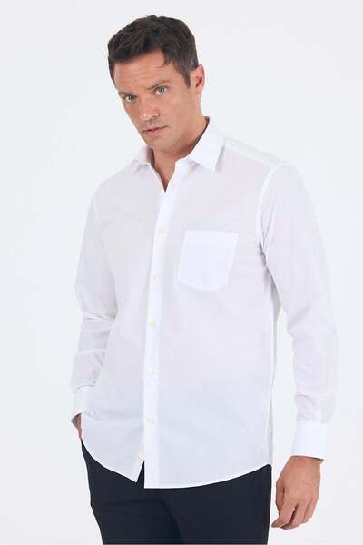 İmza Λευκό μακρυμάνικο πουκάμισο με σκληρό γιακά από απλό βαμβάκι Comfort Fit...