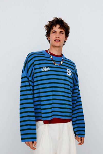 Bershka Boxy fit çizgili nakışlı jarse