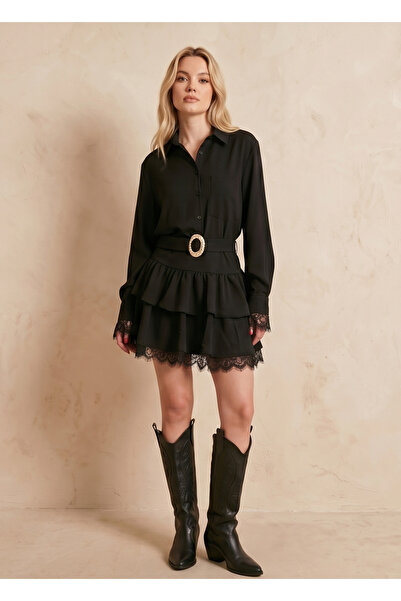 D'RECCY Γυναικείο Μαύρο Μίνι Φόρεμα Ζώνη τεμαχίων Δαντέλα Λεπτομερές