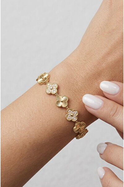 Glowisters Jewelry Işıltılı Dokulu Gold Yonca Bileklik