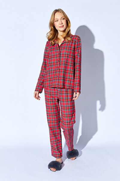 Manche Red Plaid Patterned Apaş Collar Pajama Set I Mkn1810653-1
