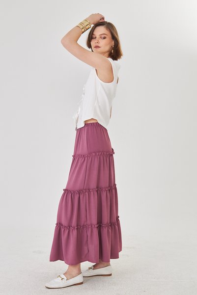 Rora Maxi Layered Skirt with Volan Detail / Summer High-Waisted Comfortable Cut Casual & Stylish Combination