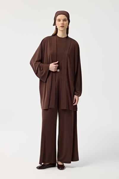 KADRİYE BAŞTÜRK Modal Cupra Wide Pleated Pants Midi Abaya Set Brown