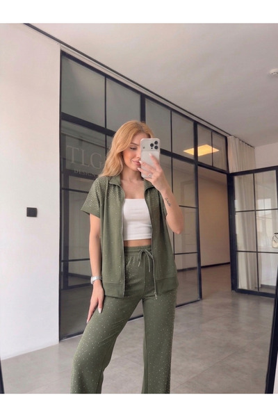 TLG TLG GİYİM Γυναικείο Σετ Παντελόνι και Γιλέκο με Πέτρινη Λεπτομέρεια