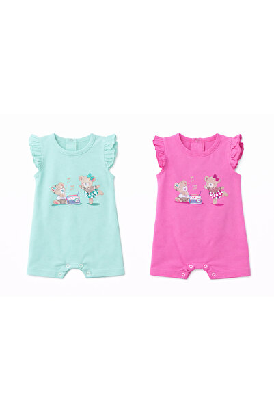 diğer333 Kız Bebek 2’li Tulum Seti – Pembe & Mint Yeşili Ayıcıklı Yazlık Tulum