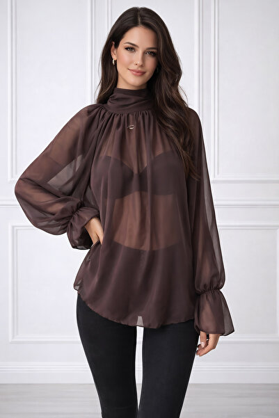 Miyasa Butik KADIN DİK YAKA PELERİN KESİM PRENSES KOL ŞİFON BLUZ